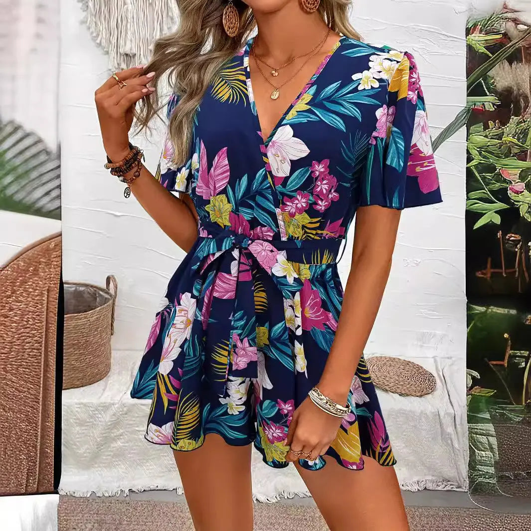 Beach Vacation Ruffle Sleeve Short Culottes Printed Jumpsuit null