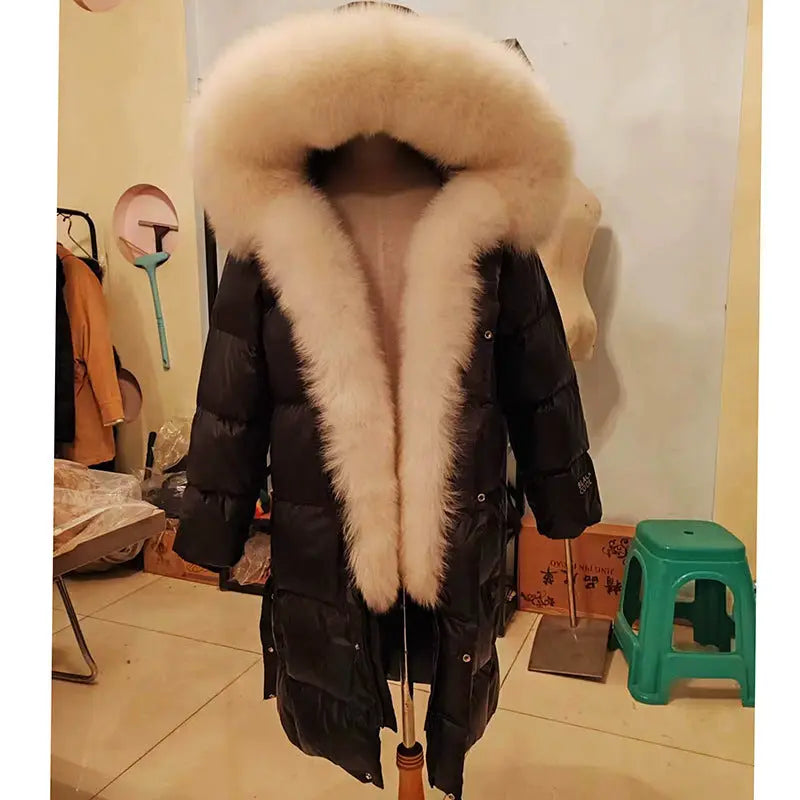 Extended Black Golden Lock Warm Real Fox Fur Big Fur Collar Duck Down Down Jacket null