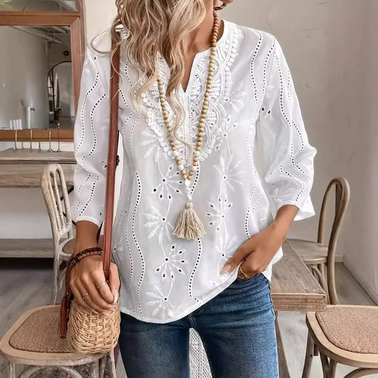 Loose V-neck Temperament Commute Embroidered Bell Sleeve Lace Top Nipaaj