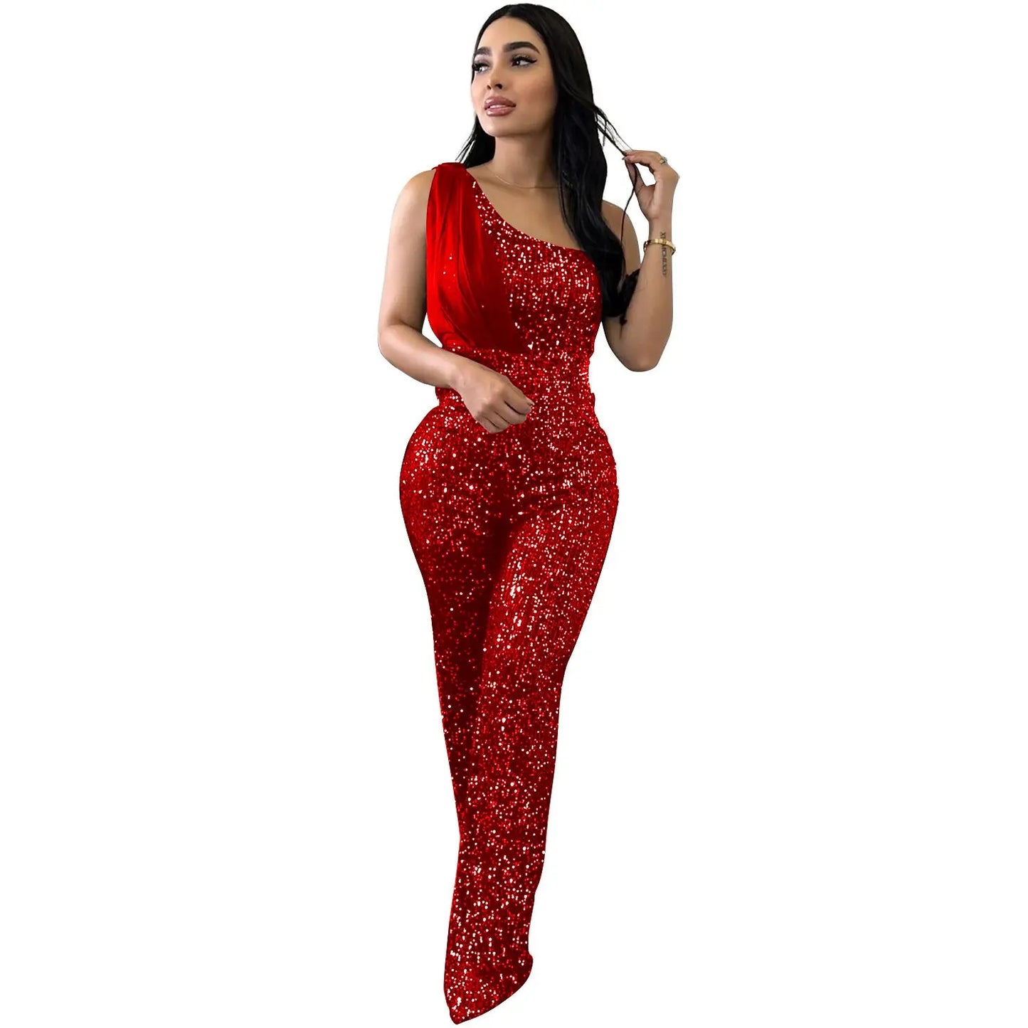 Women's Solid Color Sleeveless One-shoulder Sequined Trousers Jumpsuit null
