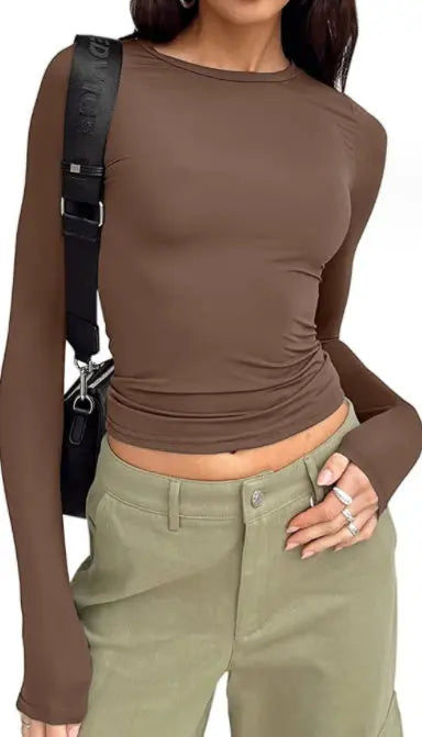 Women's Clothing Fashion Slim Long-sleeved Pullovers Tops Solid Causal Fit Shirts null