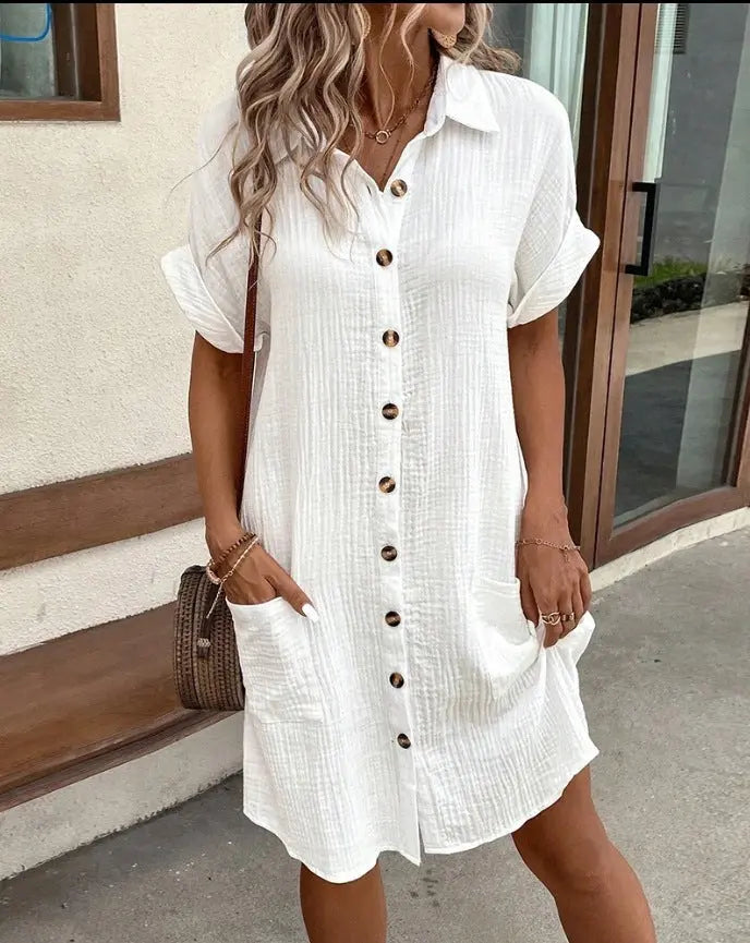 Summer Short Sleeve Shirt Dress Fashion Solid Color Single-breasted Mid-length Loose Dress null