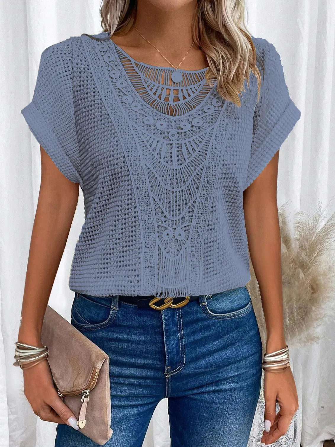 Summer Hollow Out Short-sleeved T-shirt Fashion Ethnic Style Tops Women's Clothing Nipaaj