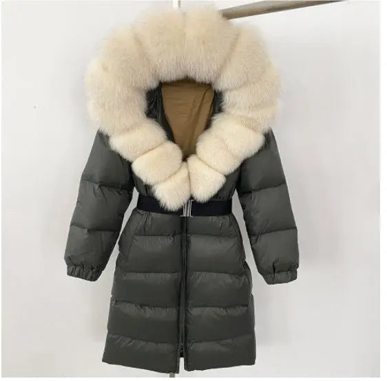 Women's Long Cinched Hoodie Real Fox Fur Collar Coat null