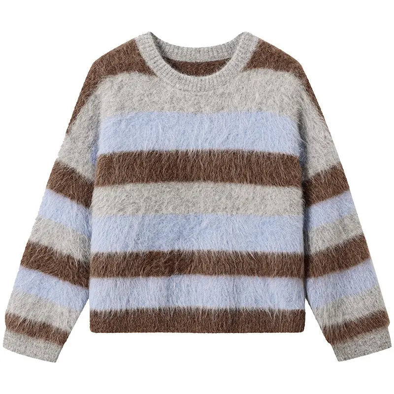 Retro High Street Color Striped Lazy Leisure Pullover Sweater Nipaaj
