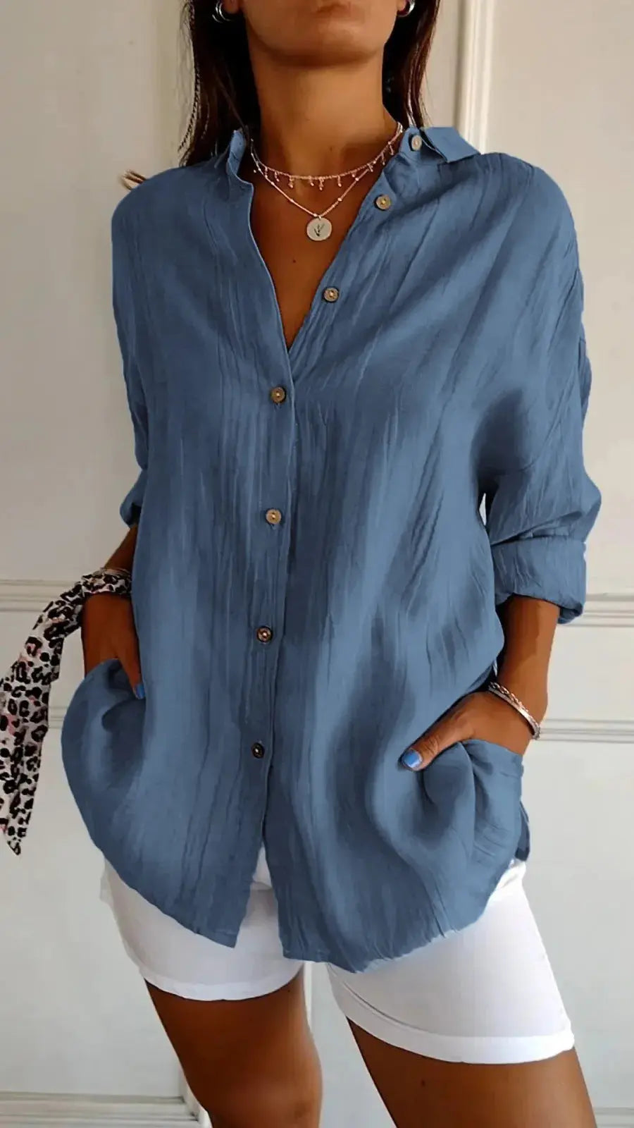 Lapel Long Sleeve Shirt Women's Single-breasted Pleated Shirt null