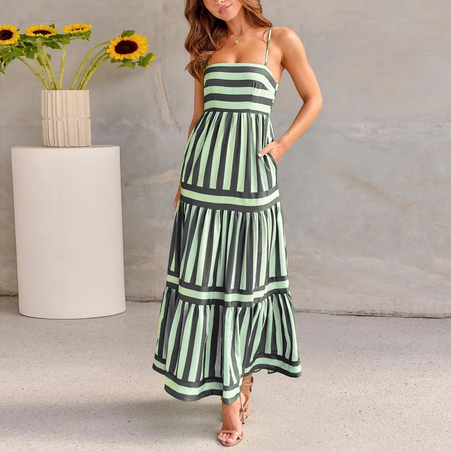 Summer Striped Printed Suspender Long Dress With Pockets Fashion Square Neck Backless Dresses For Beach Vacation Women Clothing null