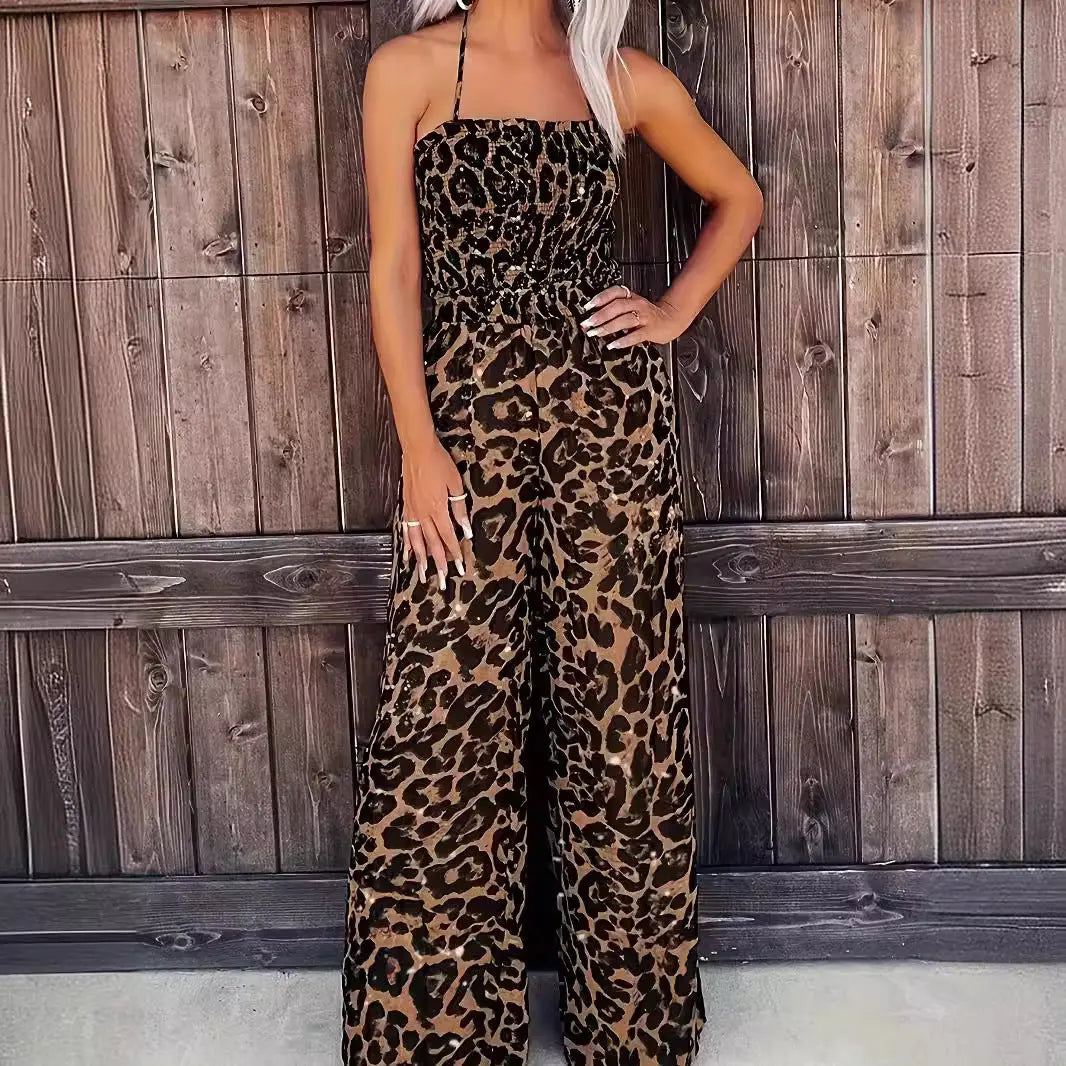 Women's Leopard Print Halter Backless Jumpsuit null