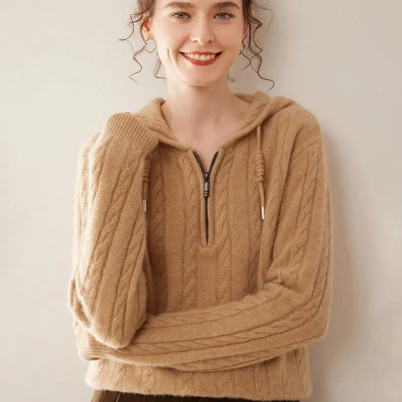 Cashmere Sweater Women's Hooded Twist Half-open Collar Sweater Nipaaj