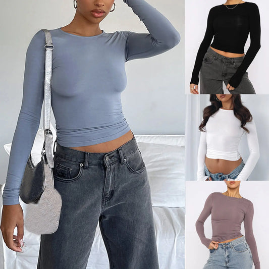 Women's Clothing Fashion Slim Long-sleeved Pullovers Tops Solid Causal Fit Shirts null