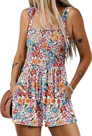 Flower Print Shorts Jumpsuit Summer Fashion Sleeveless Beach Bodysuit null