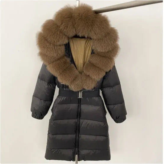 Women's Long Cinched Hoodie Real Fox Fur Collar Coat null