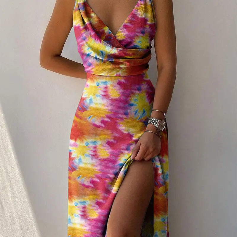 V-neck Slit Sling Dress Summer Fashion Sexy Slim Suspender Dresses For Women Clothing null