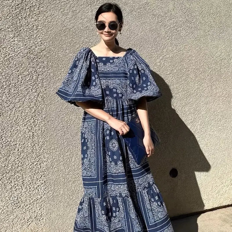Printed Loose Casual Puff Sleeve Dress null