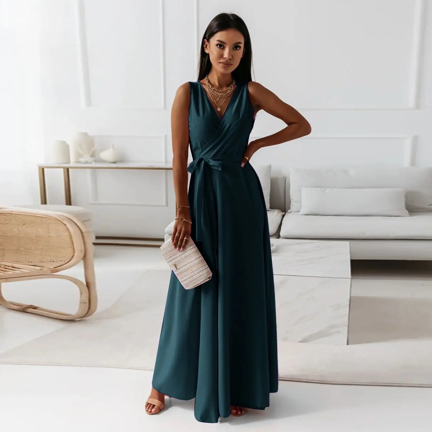V-neck Sleeveless Dress With Belt Summer Fashion Party Club Evening Maxi Dresses For Women Clothing null