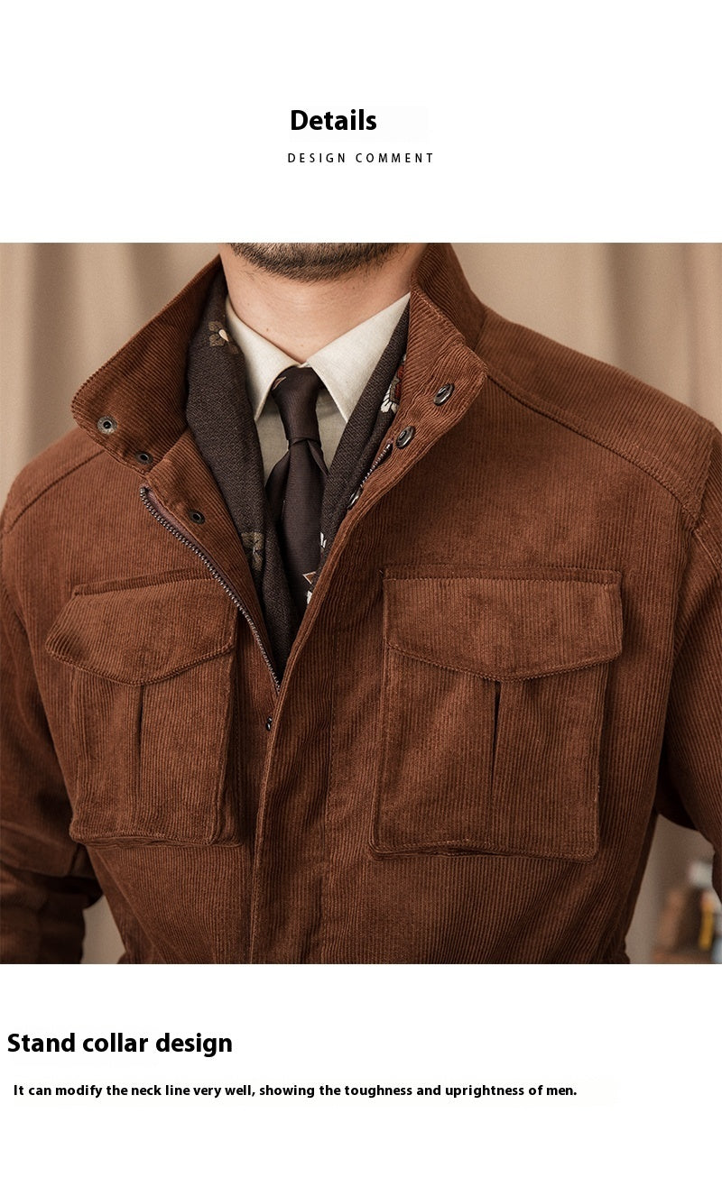 Autumn And Winter Corduroy Safari Jacket Jacket Windproof Stand Collar Casual