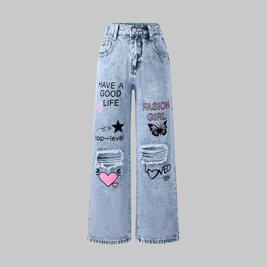 Snowflake Water Washed Hole Printed Wide-leg Jeans