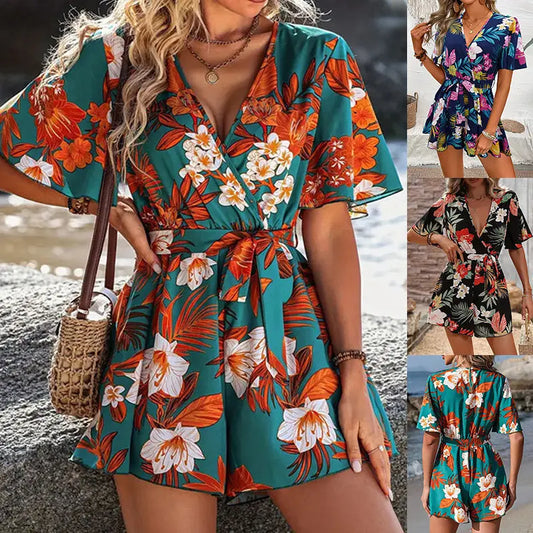 Beach Vacation Ruffle Sleeve Short Culottes Printed Jumpsuit null