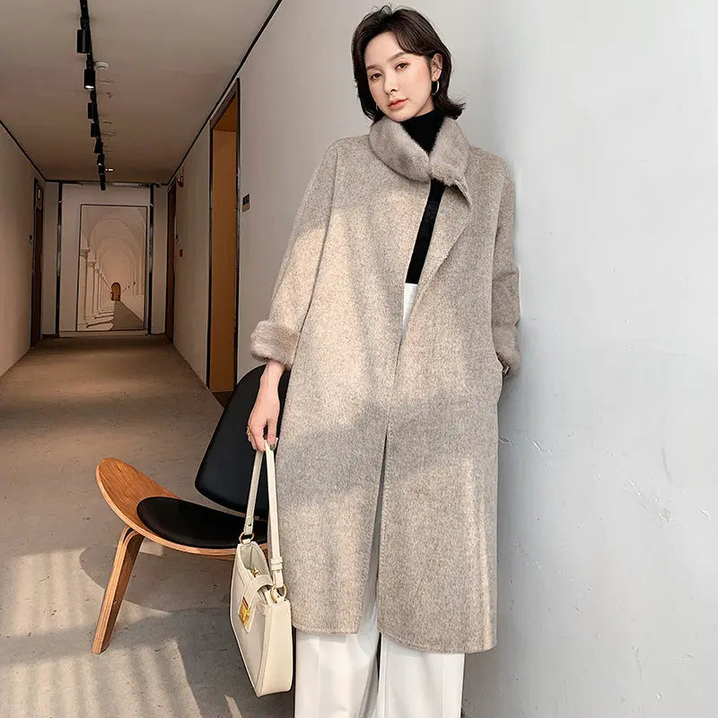 Mink Fur Lace Up Slim Fit Wool Overcoat null