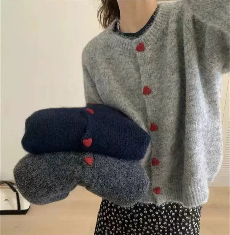 Round Neck All-matching Design Love Girl Buckle Knitted Cardigan Sweater Coat For Women Nipaaj