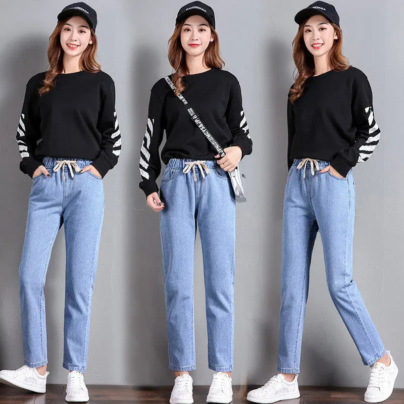Korean Style Women's Straight Casual Elastic Waist Tied High Waist Student Jeans Nipaaj