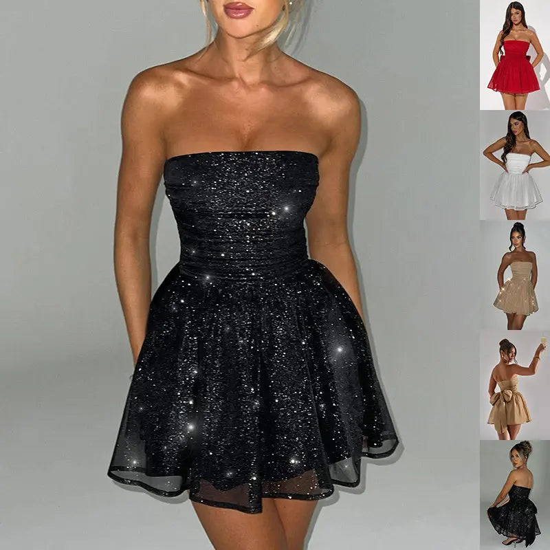 Tube Top Lace Dress With Back Bow-knot Summer Fashion Temperament Mesh Stitching Off-neck Short Skirt null