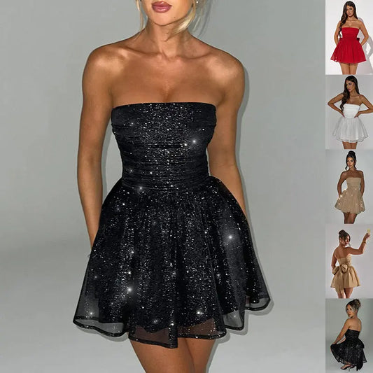 Tube Top Lace Dress With Back Bow-knot Summer Fashion Temperament Mesh Stitching Off-neck Short Skirt null
