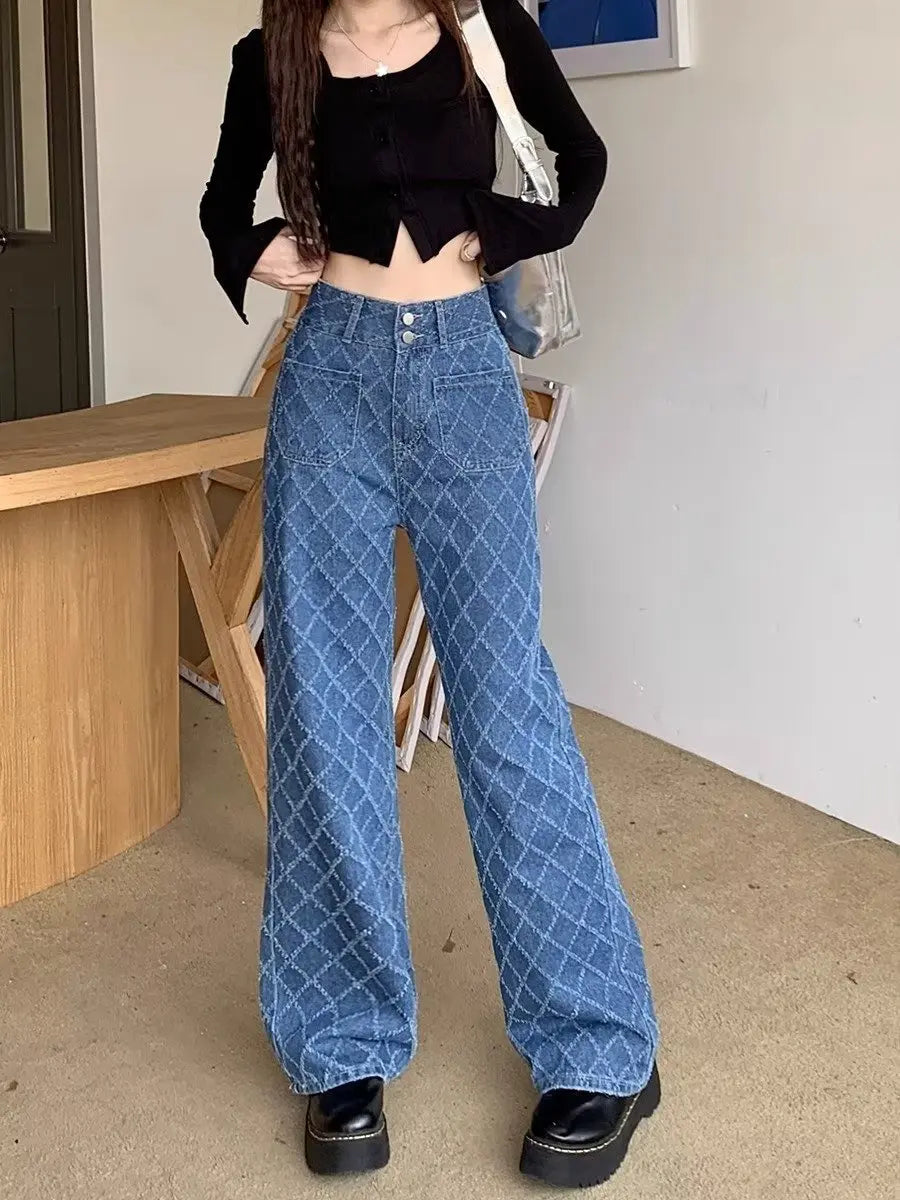 Summer Ladies New Loose Drooping Slimming Jacquard Design Straight-leg Denim Trousers Nipaaj