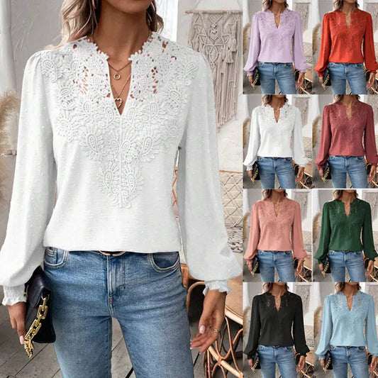 Lace Solid Color Long Sleeve Casual Women's Top Nipaaj