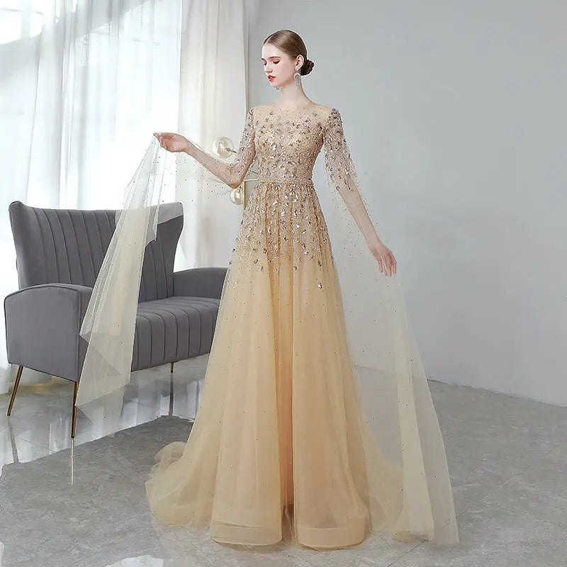 Gold High End Flying Sleeve Long Evening Dress Nipaaj