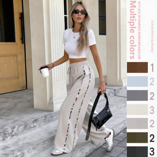 Lace-up Drawstring High Waist Loose Straight Sports Casual Pants