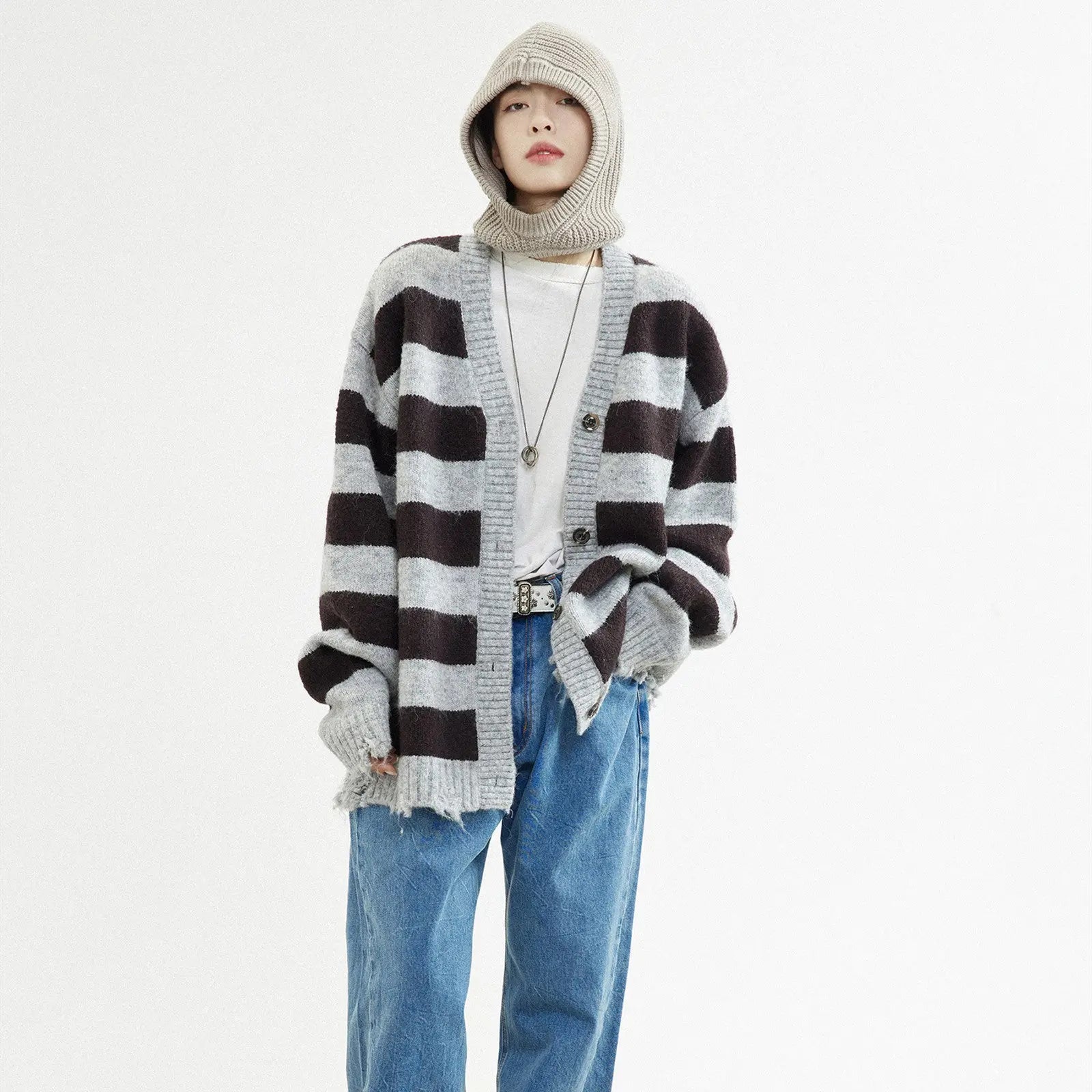 Mohair And Wool-blend Coffee Grey Striped Cardigan Sweater Nipaaj