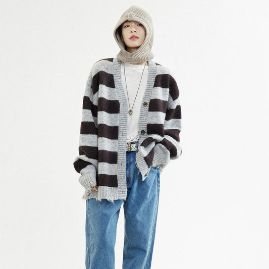 Mohair And Wool-blend Coffee Grey Striped Cardigan Sweater Nipaaj