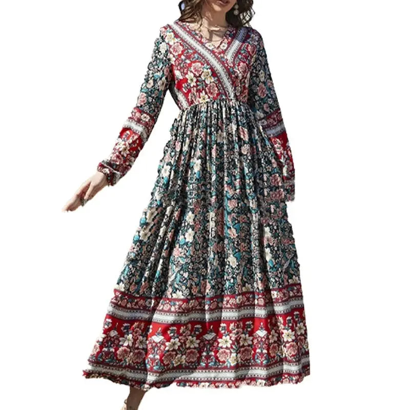 Rayon Long Sleeve Bohemian Dress Vacation Beach Large Swing Dress Nipaaj