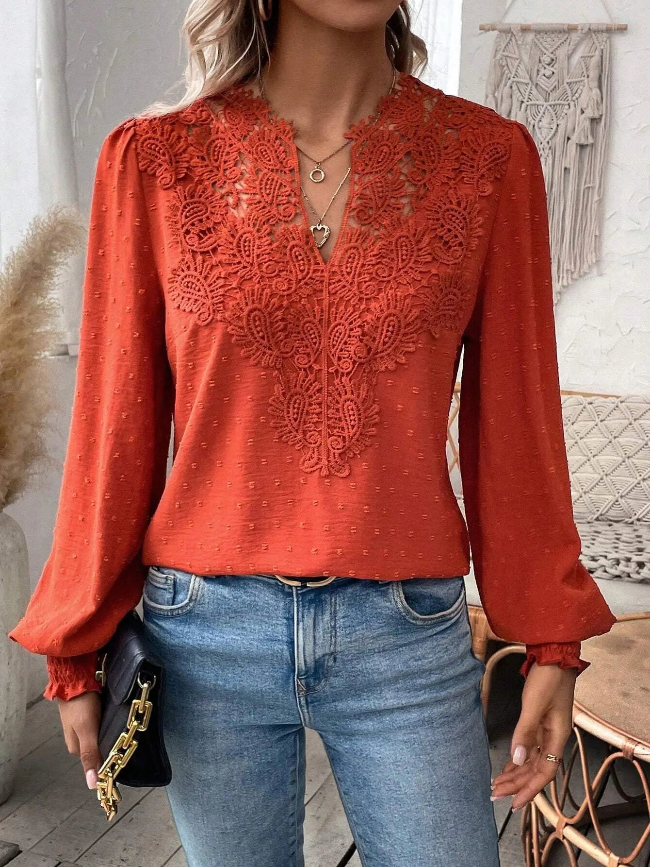 Lace Solid Color Long Sleeve Casual Women's Top Nipaaj