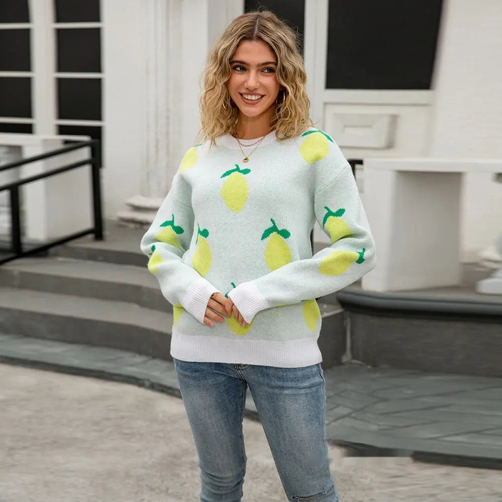 Women's Loose Personalized Lemon Sweater Round Neck Top Nipaaj