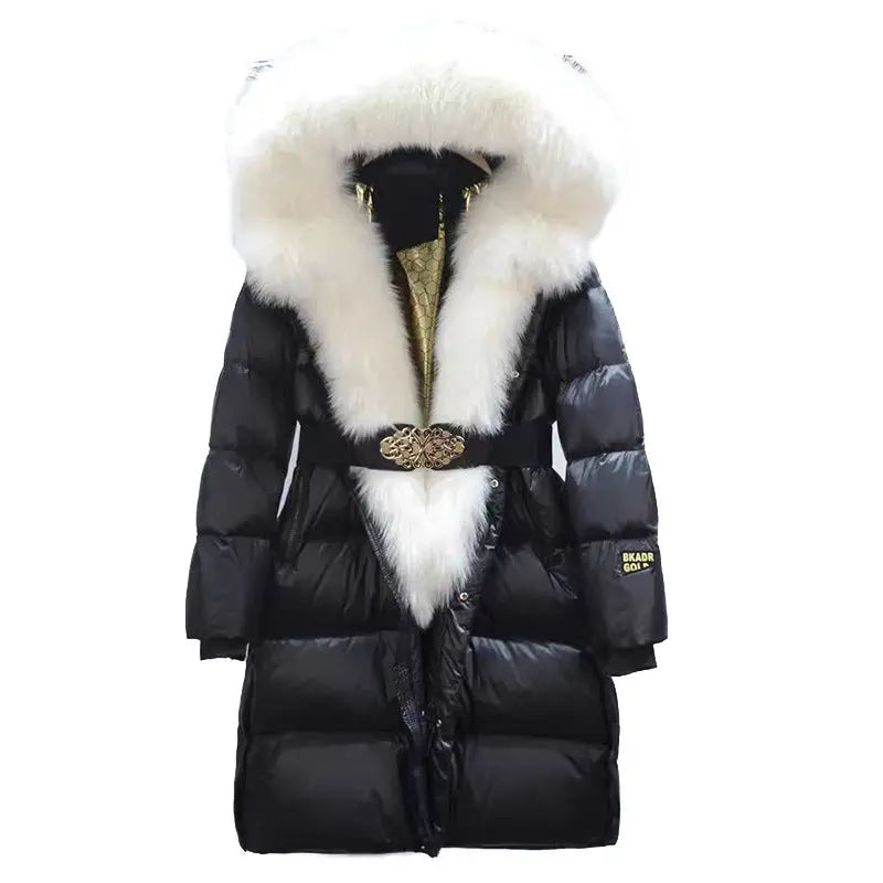 Extended Black Golden Lock Warm Real Fox Fur Big Fur Collar Duck Down Down Jacket null