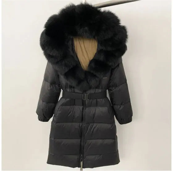Women's Long Cinched Hoodie Real Fox Fur Collar Coat null