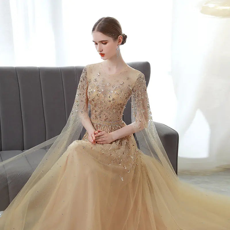 Gold High End Flying Sleeve Long Evening Dress Nipaaj