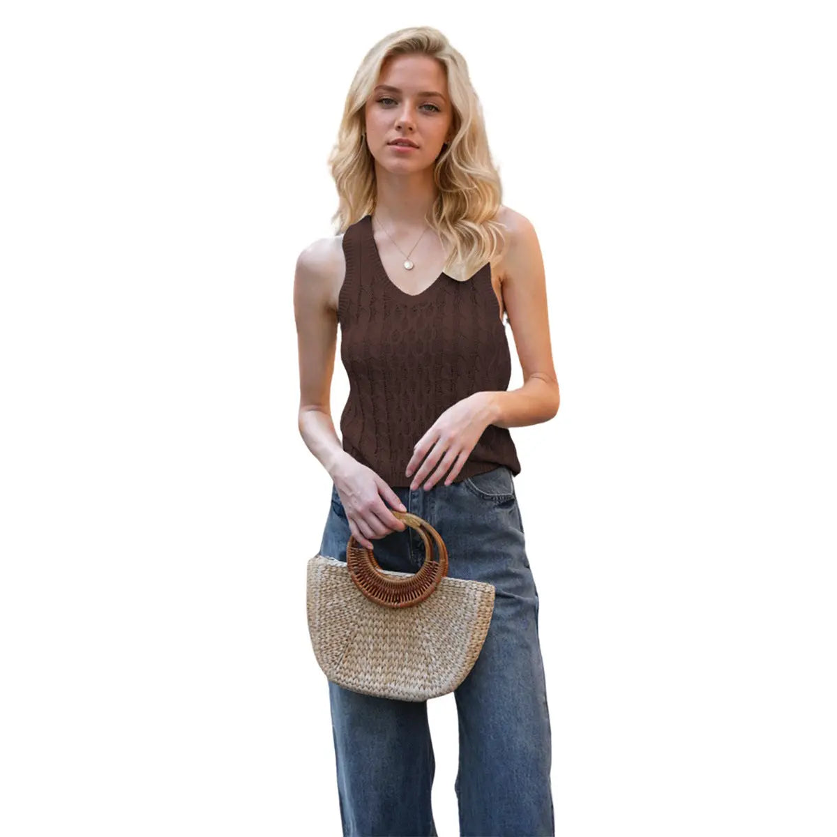 Women's V-neck Tank Vest Fashion Casual Knitted Solid Color Tops null