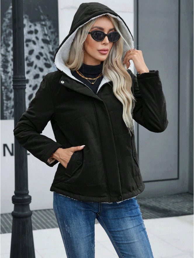 Women's Plain Zipper Front Hooded Fleece Casual Padded Padded Coat null