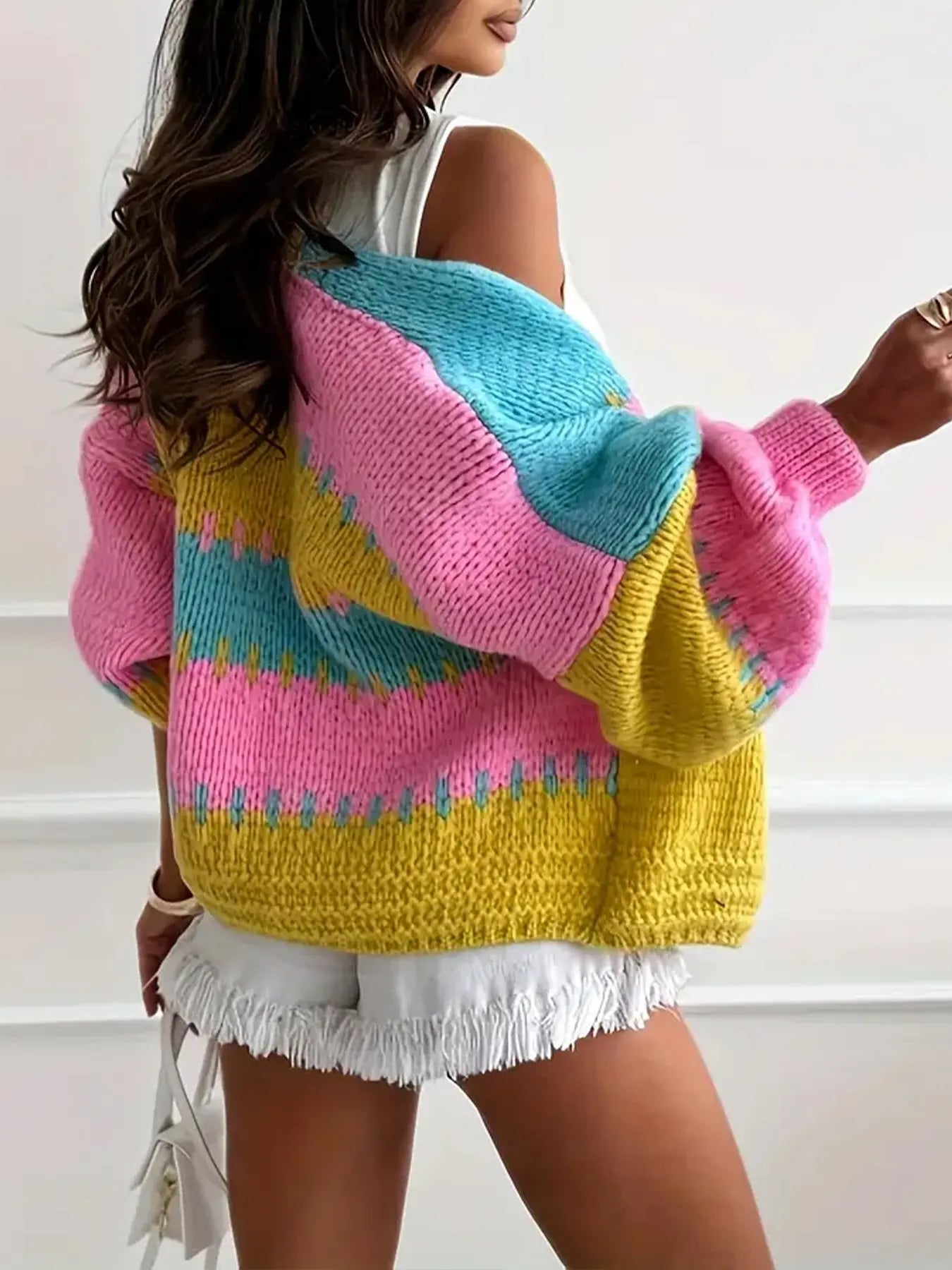 Contrast Color Patchwork Knitting Cardigan Nipaaj