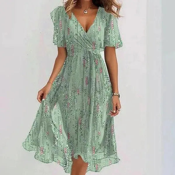 Chiffon Printed Short Sleeve Dress Summer Elegant V-neck Dresses Womens Clothing null