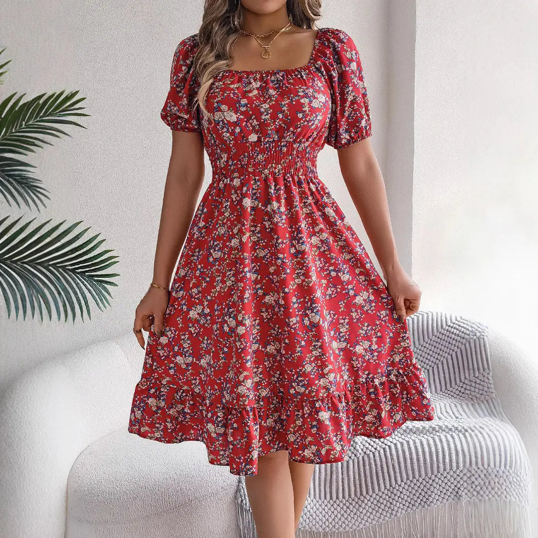 Floral Print Square Collar Dress Summer Fashion Ruffles Dresses Women's Clothing null