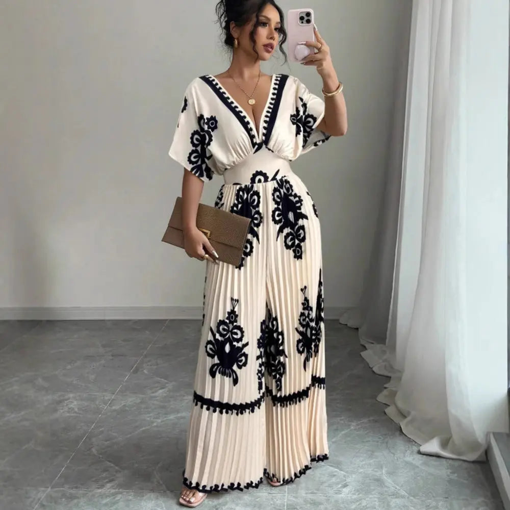 Casual Printed Loose Short-sleeved Jumpsuit Nipaaj