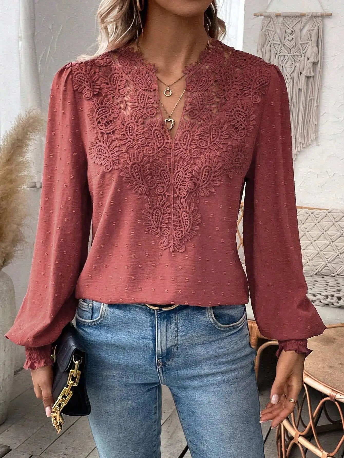Lace Solid Color Long Sleeve Casual Women's Top Nipaaj