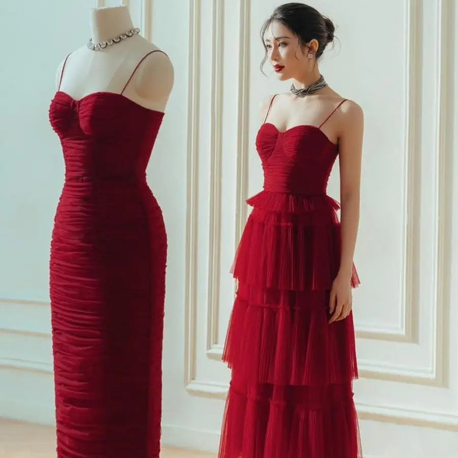 Suspender Spread Chest Temperament Dark Red Flowing Small Dress Long Skirt Nipaaj