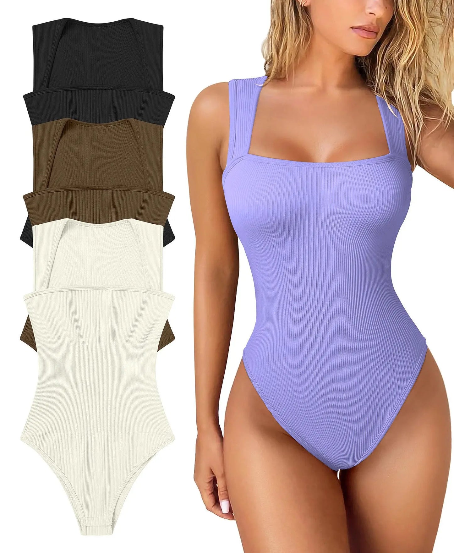 Thread Square Neck Jumpsuit Sleeveless Slim Fit Tank Top Summer Shapewear null