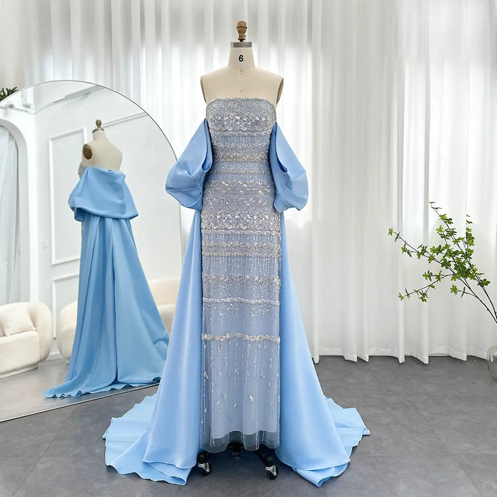 Foreign Trade Tube Top Heavy Industry Beads Off-shoulder Satin Trailing Evening Dress Nipaaj