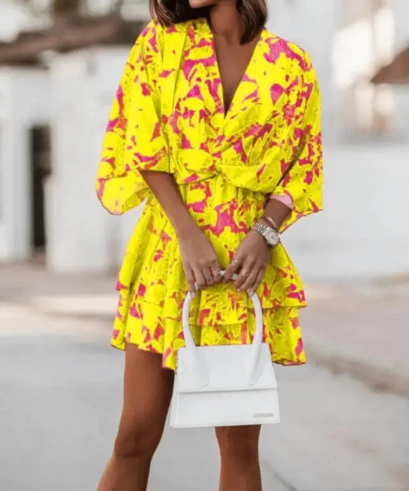 Fashion Print V-Neck Doll Sleeve Loose Cake Dress null